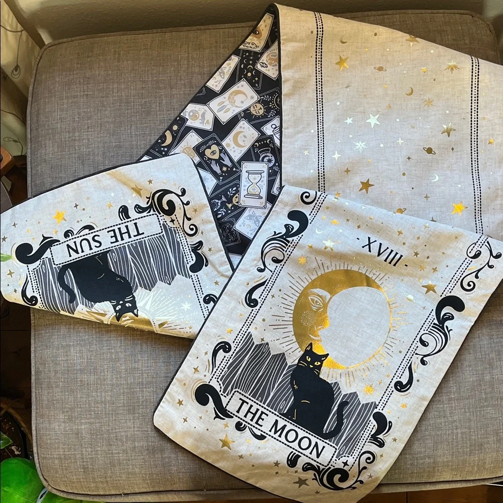 Celestial Table Runner Moon Sun Black Cat Neutral Tarot Magic